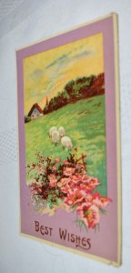 Best Wishes Spring Landscape Scene with Sheep Postcard Printed in Germany