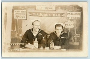 1940's RPPC WWII U.S. Sailors In Tiajuana Bar Studio Photo Drinking Y6