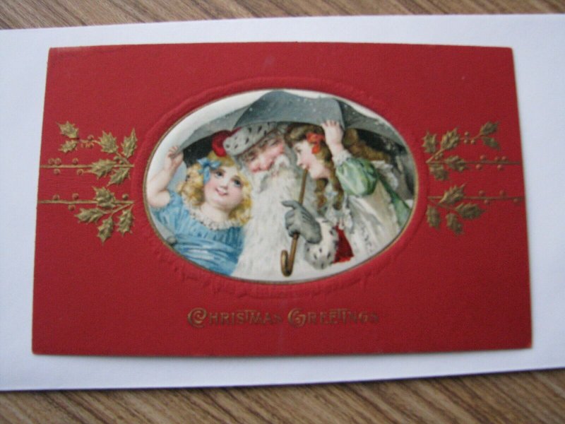 Santa Antique Christmas Postcard Red Robe Umbrella Girls - Read Desc