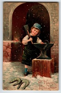 New Year Postcard Boy Anvil Horseshoes Hammer EAS Germany Unposted Embossed