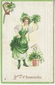 ST PATRICKS DAY  LADY / SHAMROCKS Stecher postcard 209C