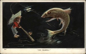 Julius Bien Wild Animals Little Boy Fishing Giant Fish c1910 Vintage Postcard