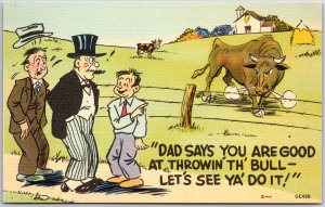 Mad Bull Frightened The Two Men And The Kid Comic Card Postcard