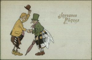 Unusual Easter Fantasy Bug People Men Greet Shake Hands c1920 Postcard
