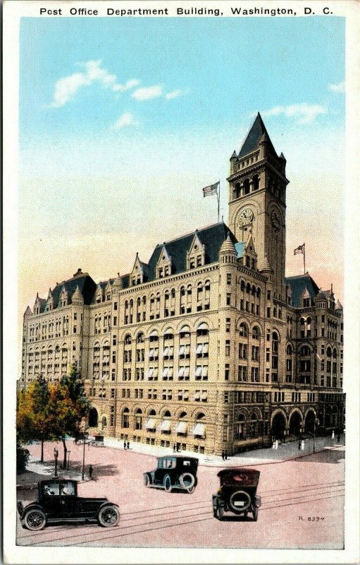 Vintage Post Office Department Building Old Cars Washington DC Postcard