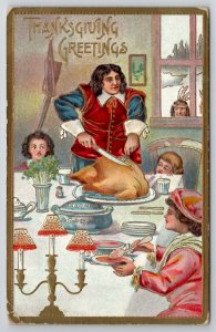 Thanksgiving Greetings Father Carves Turkey Children And Indians Postcard K28