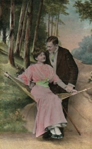 Vintage Postcard 1910s Woman Sitting on Hammock Holding Man's Hands in Love