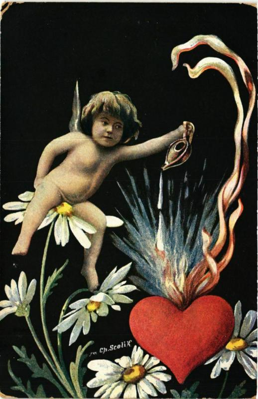 CPA Angel Sitting on a Flower and Igniting a Heart ANGELS (777392)