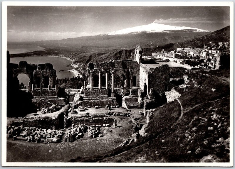 Taormina Teatro Greco Romano e l'Eina Italy City Ruins Real Photo RPPC Postcard