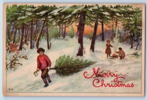 Essex Iowa IA Postcard Christmas Boy With Hatchet Pine Tree Winter Bonfire 1913