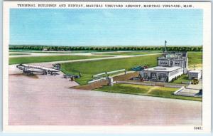 MARTHA'S VINEYARD AIRPORT, Massachusetts MA    TERMINAL & Runway 1940s  Postcard