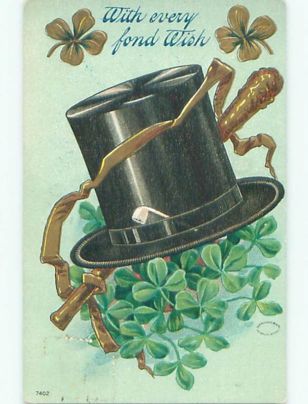 Pre-Linen st. patrick's LARGE HAT WITH CLUB AND SHAMROCKS AND TOBACCO PIPE J4001