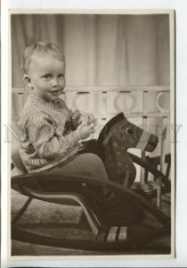 434345 USSR Russia Boy on Swing HORSE Toy Old REAL PHOTO