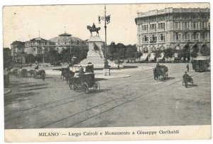 Postcard Italy 1907 Milan Largo Cairoli Square Horses Coaches Garibaldi Monument