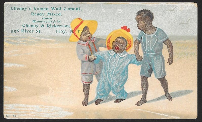 VICTORIAN TRADE CARD Cheneys Roman Wall Cement Black Boys Leading Child to Beach