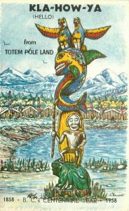 Artist impression Coan Haida Tribe BC Canada Totem Pole 1958 Postcard 20-4634