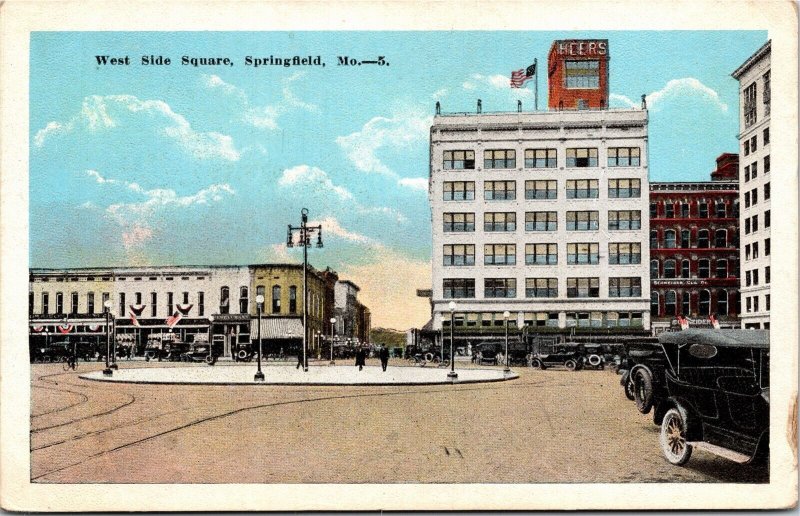 Vintage Postcard MO Springfield West Side Square Old Cars Street Lamps 1930s S81