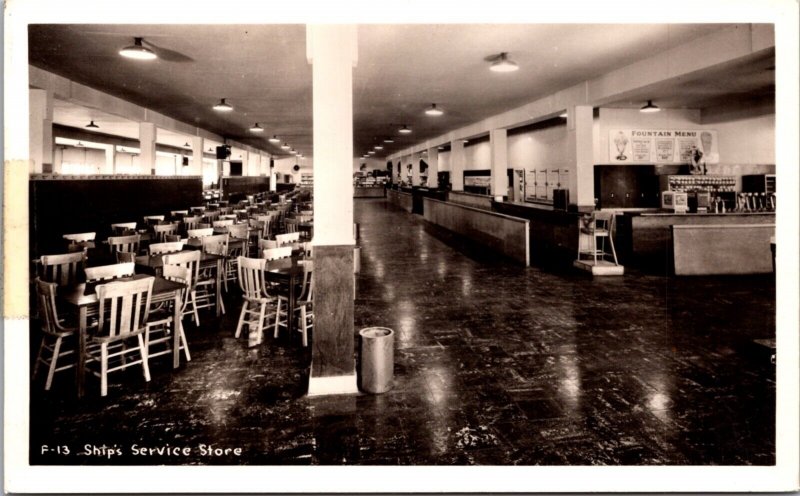 Real Photo Postcard Military Ship's Service Store Kitchen Fountain Food Dining