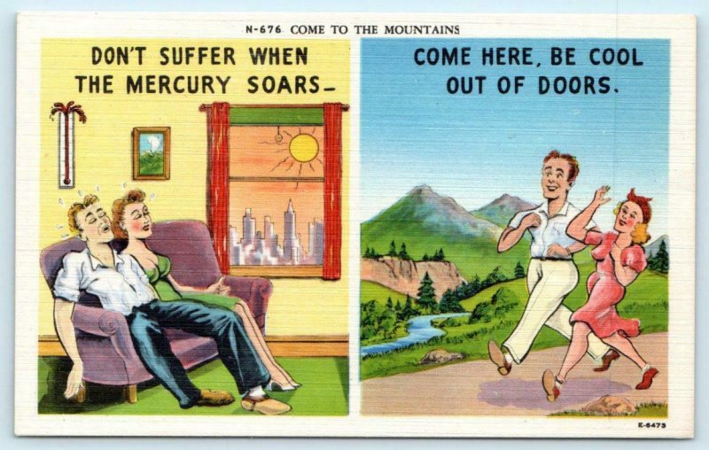 3 Comic Postcards COME TO THE MOUNTAINS Tempting Weather ca 1940s Linens