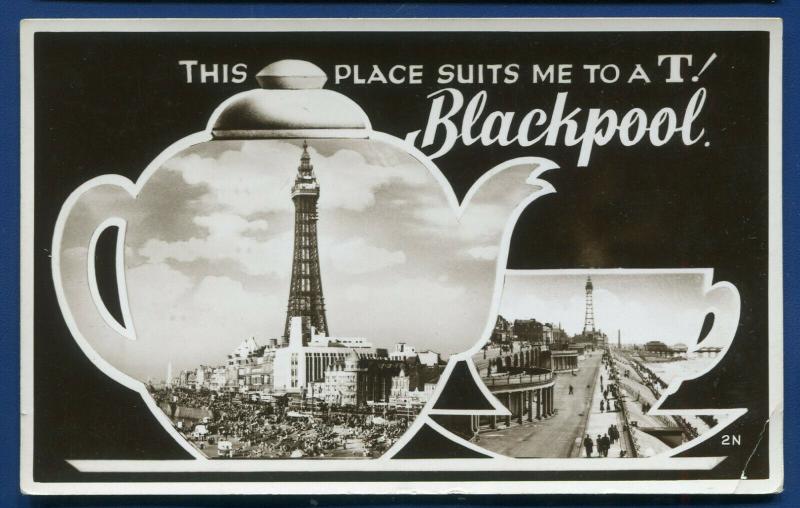 Lancashire Blackpool 2 views Suits me to A T teapot real photo postcard 1952