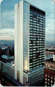 Night View Denver First National Bank Birds Eye Postcard Dexter VTG UNP Vintage 