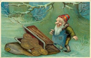 Embossed Postcard Glaedelig Jul Gnome finds Purse Full of Gold Coins, G.G.K. 434
