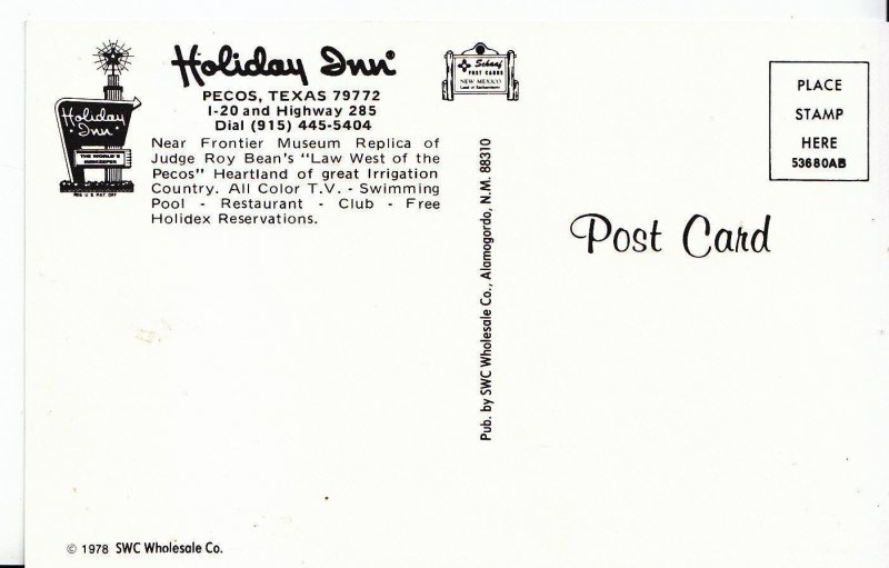 America Postcard - Holiday Inn - Pecos - Texas   A9723