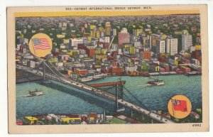 P3295 JL,S postcard 1941 usa & canadian flag detroit interl bridge birdseye view