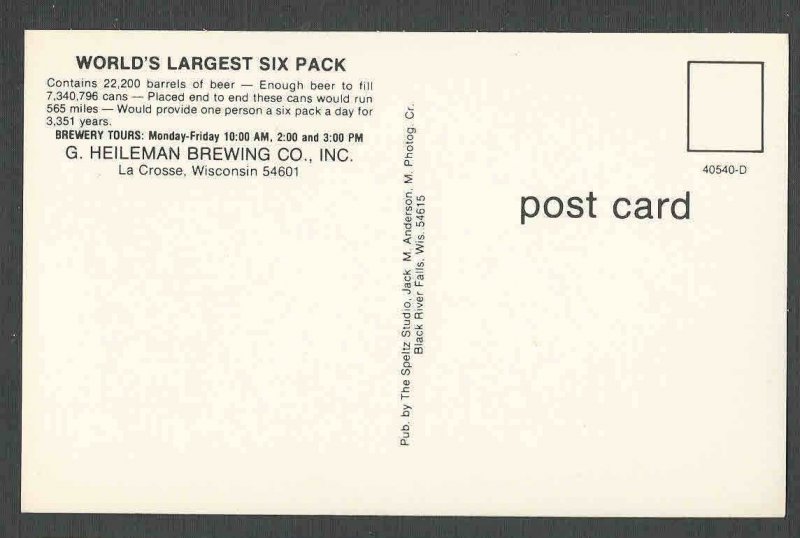 Ca 1965 PPC LA CROSSE WI G HEILEMAN BREWING CO WORLDS LARGEST 6 PACK SEE INFO