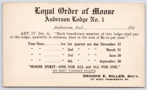Anderson Indiana~Loyal Order of Moose~$9 Dues Form~1910 Brooks E Miller Sec'y~PC