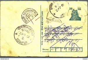 India Postal Stationery Tiger 25 Udaipur cds