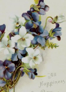 1880s Victorian Trade Card All Happiness For Christmas Purple White Violets F143