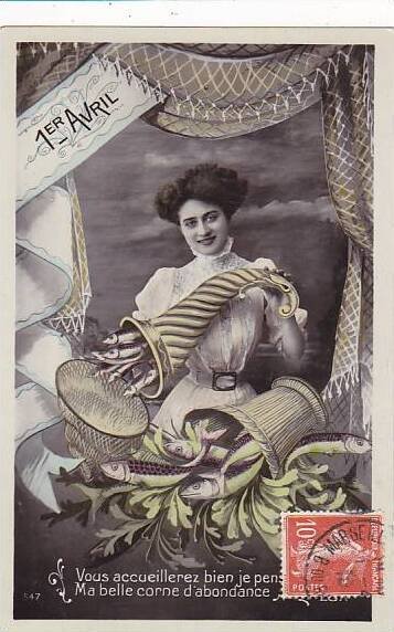 1er Avril April Fool's Day Young Woman With Basket Of Fish 1910