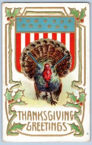 1908 THANKSGIVING GREETINGS PATRIOTIC TURKEY KNIFE FORK STUCK IN BACK POSTCARD