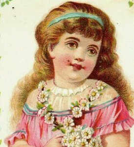 1880's-90's Victorian Religious Card Bible Quote Adorable Child Daisy Chain P187