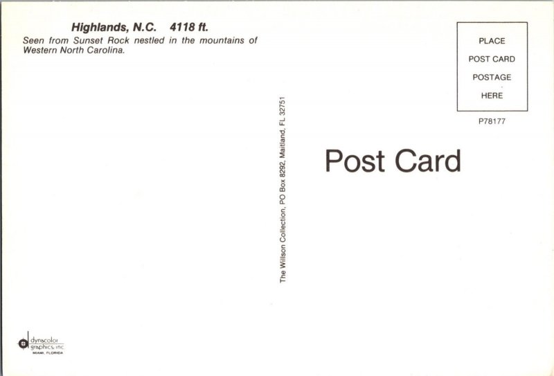 Continental Postcard- Highlands, North Carolina- CD11
