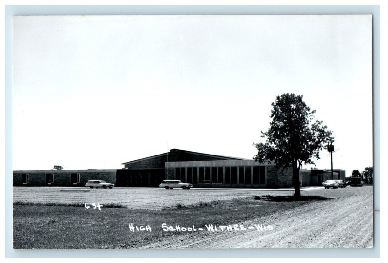 c1950's High School Building Campus Cars Withee Wisconsin WI RPPC Photo Postcard 