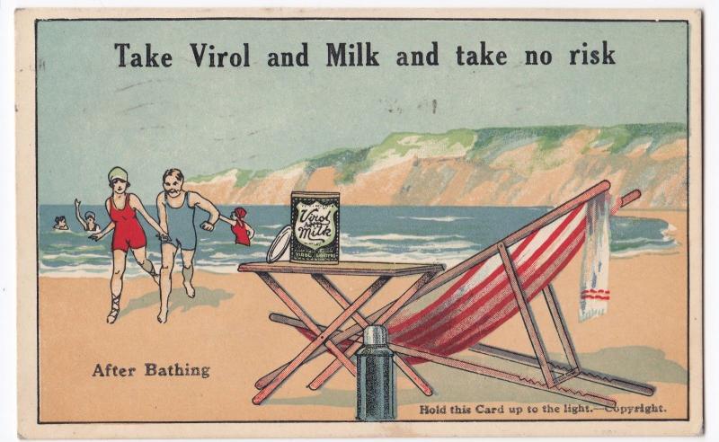 'Take Virol & Milk' Novelty Hold To Light Advertising PPC, 1928 PMK to Herne Bay 