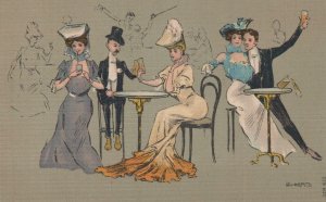 Art Postcard Fancy Women and Men Dressed Up Tables Alberts