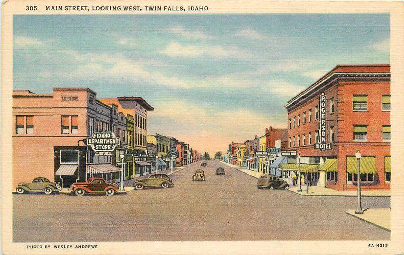 Andrews Autos Main Street Looking West Twin Falls Idaho Teich postcard 10711