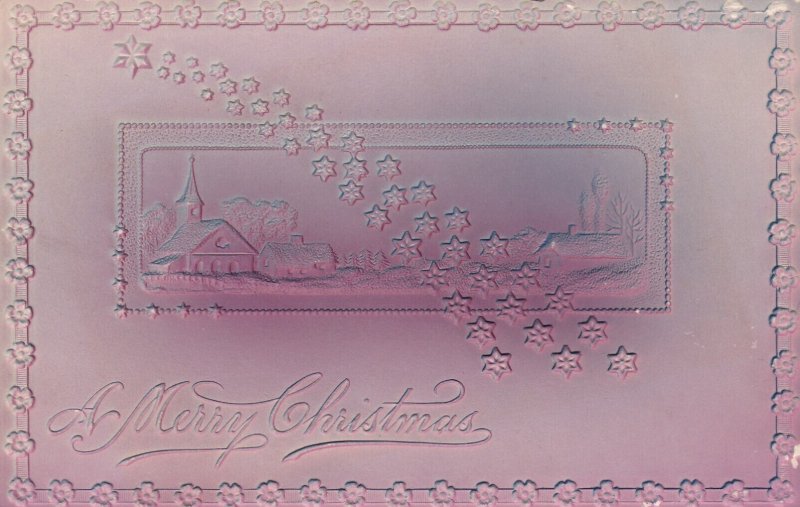 Merry Christmas Landscape Scene Heavily Embossed