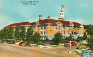 Postcard Texas Denison High School bus autos Teich linen 23-210