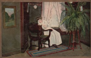 Vintage Postcard 1910's Beautiful Sad Girl in White Dress Sitting Alone Artwork