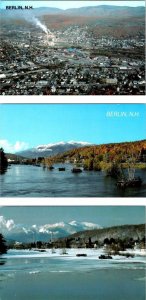 3~Postcards BERLIN, NH New Hampshire AERIAL~SUMMER~WINTER & RIVER VIEWS Coos Co