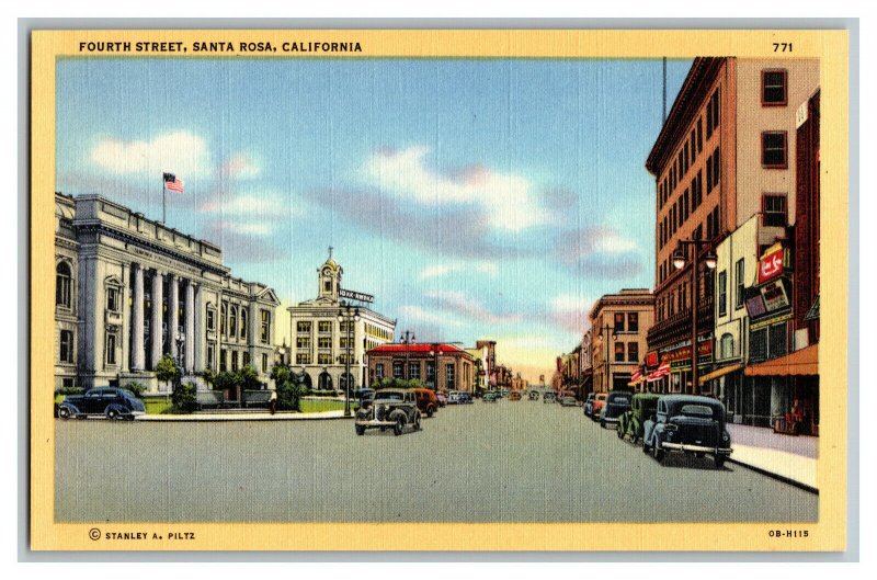 Fourth Street Santa Rosa California Vintage Standard View Postcard Old Cars