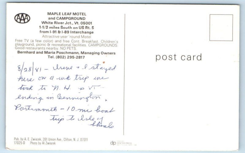 WHITE RIVER JUNCTION, VT Vermont~ Roadside MAPLE LEAF CAMPGROUND, Motel Postcard