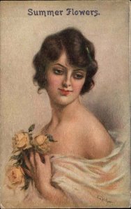Beautiful Woman Low-Cut Dress Yellow Roses Eva Hollyer c1910 Postcard