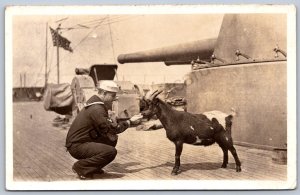 K44/ Ship RPPC Postcard c1920 U.S. Navy Mascot on Ship a Goat 100