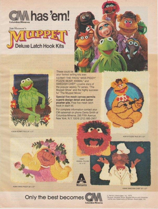 Jim Henson Muppets Latch Hook Kit 1980 Ad, Columbia Minerva, Color Full  Page