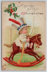 Christmas Child On On Rocking Horse Patriotic Hat 1924 To Butler KY Postcard M27